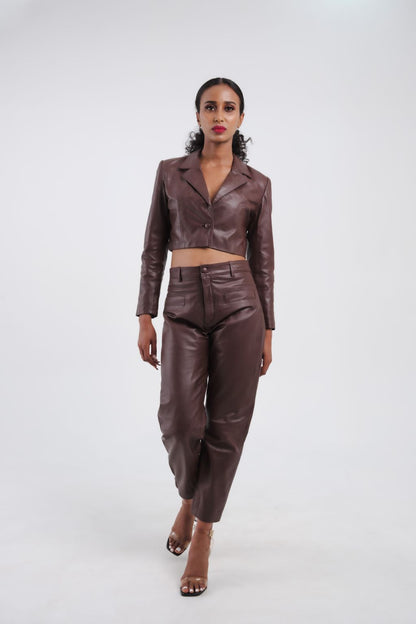 Ensemble haut et pantalon coupe droite marron femme