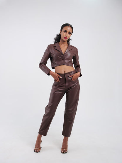 Ensemble haut et pantalon coupe droite marron femme