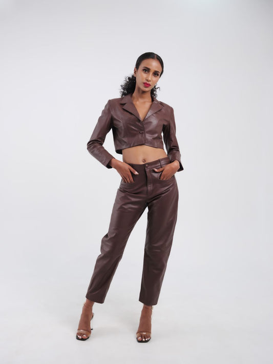 Ensemble haut et pantalon coupe droite marron femme