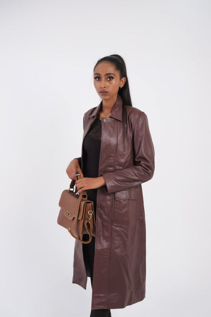 Manteau en cuir marron femme