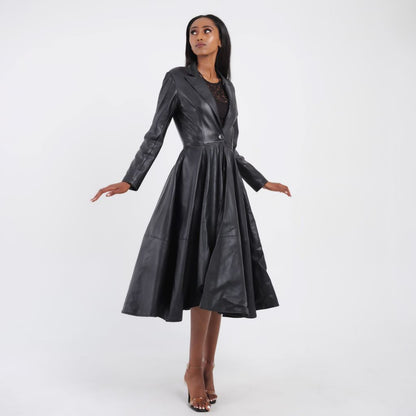 Manteau en cuir noir évasé femme