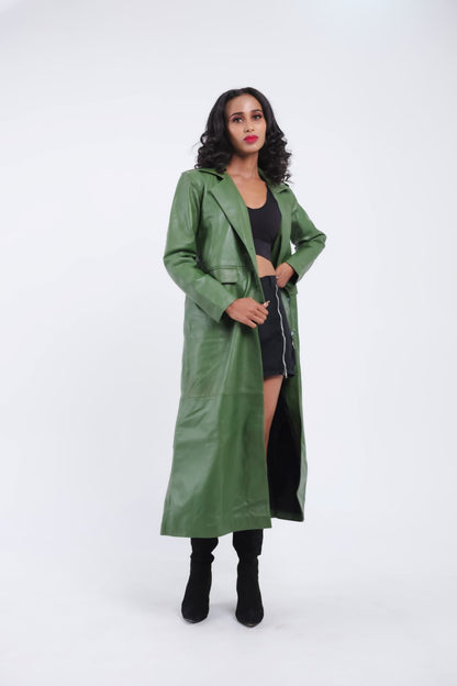 Manteau en cuir vert femme