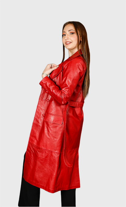 Manteau en cuir rouge femme
