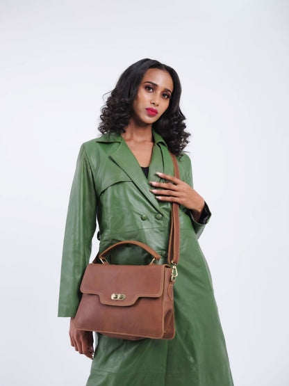 Manteau en cuir vert femme