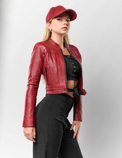 Blouson en cuir rouge femme