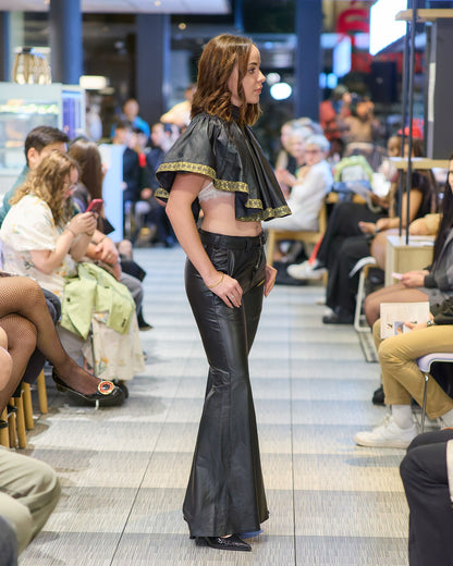 Short Leather Cape with Hand-Embroidered Gold Lace – Luxury Minimalist Women’s Cape – Handmade Sustainable & Ethical Fashion | All Sizes