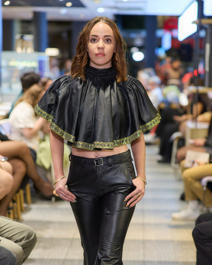 Short Leather Cape with Hand-Embroidered Gold Lace – Luxury Minimalist Women’s Cape – Handmade Sustainable & Ethical Fashion | All Sizes