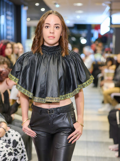 Short Leather Cape with Hand-Embroidered Gold Lace – Luxury Minimalist Women’s Cape – Handmade Sustainable & Ethical Fashion | All Sizes