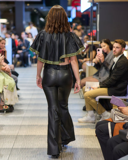 Short Leather Cape with Hand-Embroidered Gold Lace – Luxury Minimalist Women’s Cape – Handmade Sustainable & Ethical Fashion | All Sizes