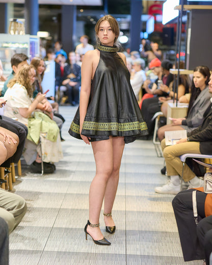 All Sizes Flared Leather Mini Dress – 100% Lambskin - Luxe Gold Embroidery - Ethical & Sustainable Handmade slow Fashion