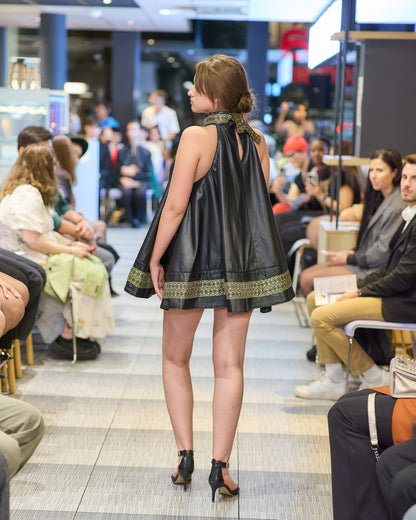 All Sizes Flared Leather Mini Dress – 100% Lambskin - Luxe Gold Embroidery - Ethical & Sustainable Handmade slow Fashion