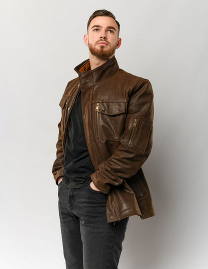 Veste militaire en cuir homme marron