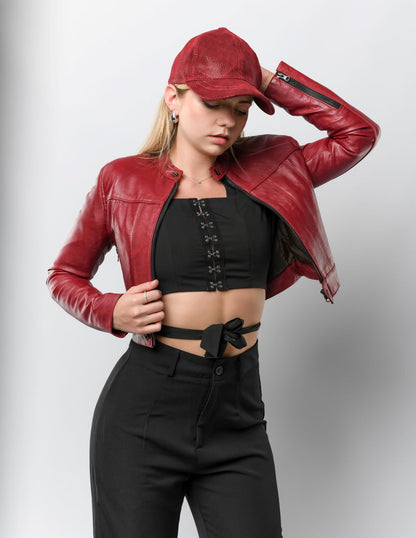 Blouson en cuir rouge femme