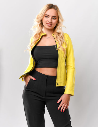 Veste en cuir jaune femme