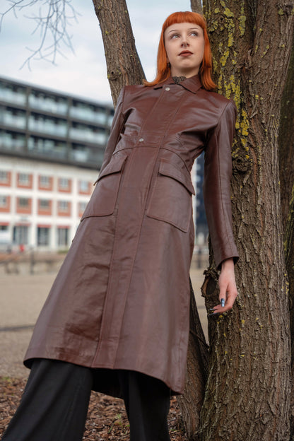 Manteau en cuir marron femme