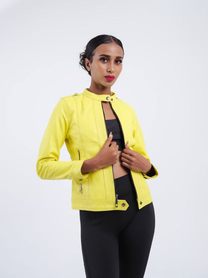 Veste en cuir jaune femme