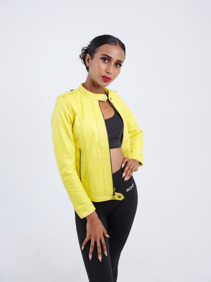 Veste en cuir jaune femme