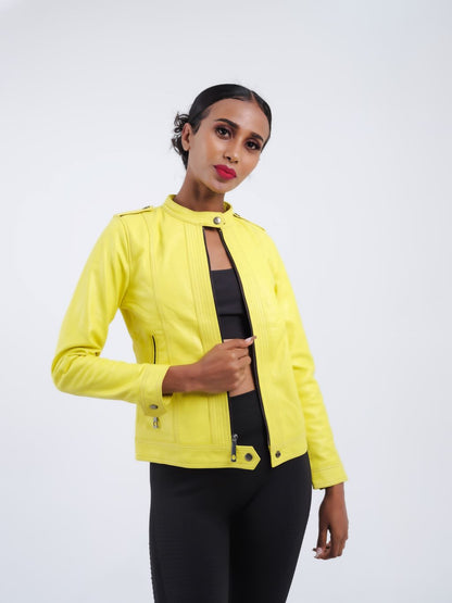 Veste en cuir jaune femme