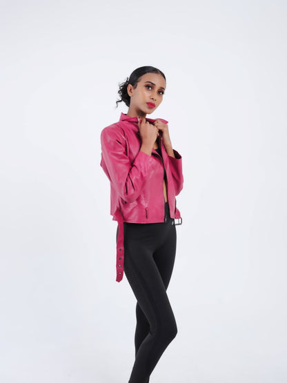 Blouson en cuir rose femme