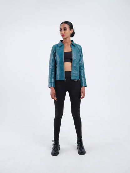 Veste en cuir bleue femme