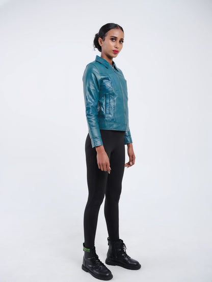 Veste en cuir bleue femme