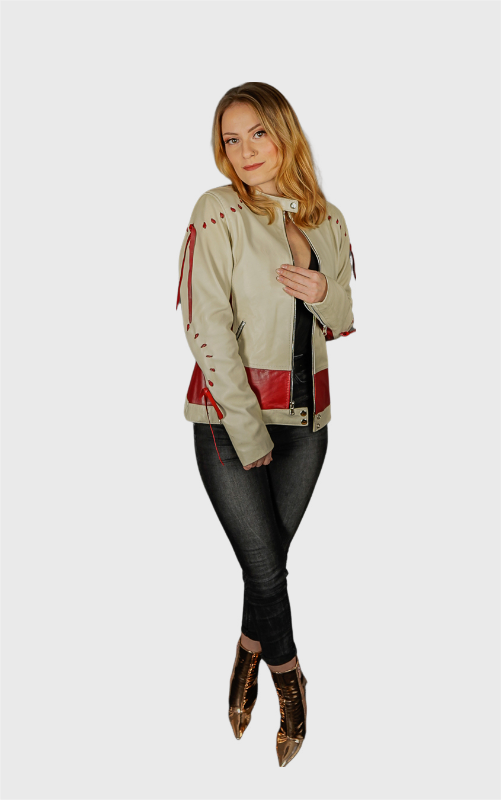 MEKELE - Veste en cuir blanche et rouge femme