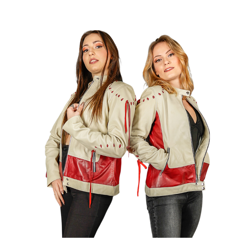MEKELE - Veste en cuir blanche et rouge femme