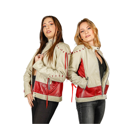 Veste en cuir blanche et rouge femme
