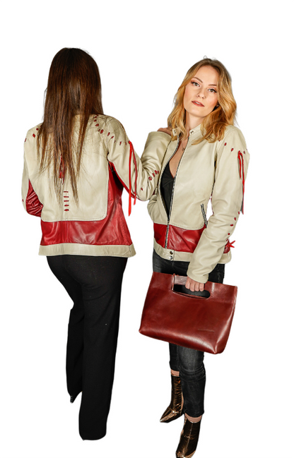 Veste en cuir blanche et rouge femme
